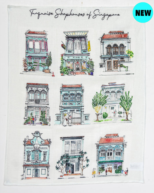 Linen Tea Towel | Turquoise Shophouses